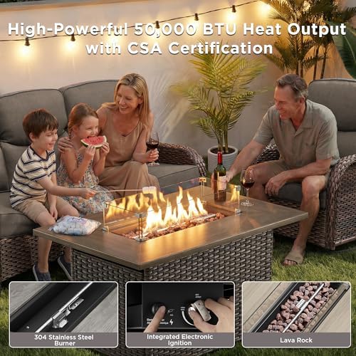 Luxury Patio Furniture Set with Fire Pit Table-6 Pieces All Weather Outdoor Swivel Rocker Chairs with Sofa and Ottomans. Outdoors Patio Conversation Sets for Porch Deck Garden Backyard(Brown/Grey)