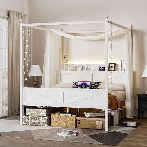 Canopy Bed Frame Full Size with Storage Headboard, Beige