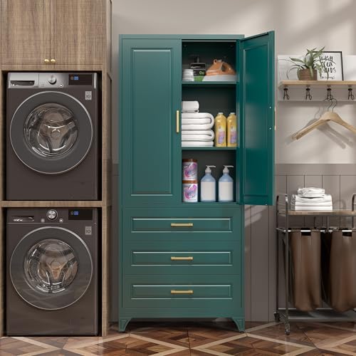 SteeLoong 75" Metal Storage Cabinet with Doors and 2 Adjustable Shelves | Kitchen Pantry Cabinet with 3 Drawers,Green Kitchen Cabinet with 2 Gold Handles,Food Cupboard for Livingroom,Pantry, Bathroom