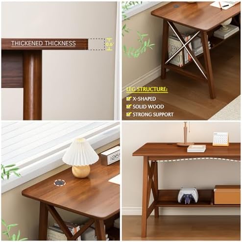 NELYE Extra Long Writing Desk with Bookshelf, 71" Wx20 Dx30 H, Walnut