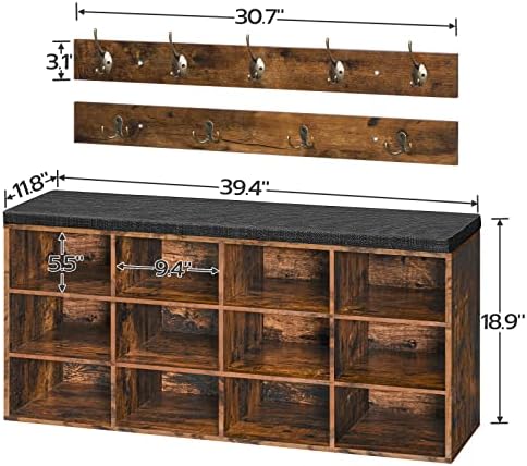 HOOBRO Shoe Storage Bench with Cushion, 39.4" L Entryway Bench with 12 Cubbies, Entryway Hall Tree with Storage, Shoe Cabinet with Coat Rack for Bedroom, Hallway, Holds up to 330 lb, BF112HX01G1