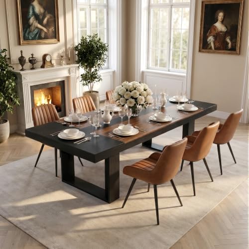 Miereirl 7-Piece Modern Farmhouse Dining Table Set, 86.6" x 47.2" Sturdy Stable Dining Table with 6 Chairs, Rectangular Kitchen Table Set for 6,(Black & Walnut Table+6 Brown Chairs)
