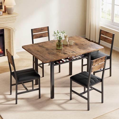 MapleGrace Extendable Dining Table Set for 4 with Built-in Shelf Rack Brown