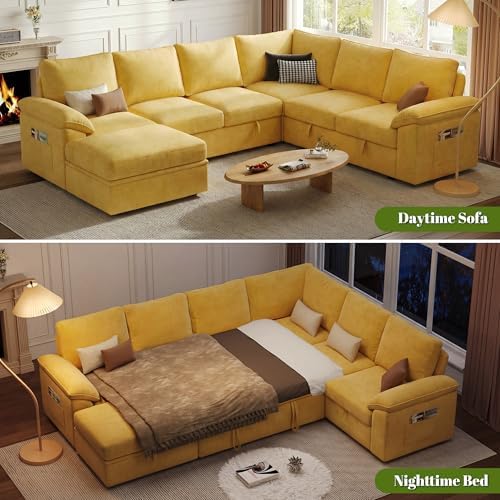 106'' Modular Sectional Sofa with Pull Out Bed, Sleeper Sofa, Yellow