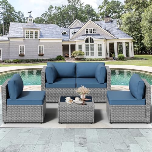 Vongrasig 5 Pieces Patio Furniture Set with Cushion, Glass Table, Navy Blue