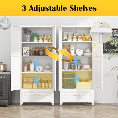 SteeLoong 75" Metal Storage Cabinet with Doors and 3 Adjustable Shelves | Kitchen Pantry Cabinet with Drawer,White Kitchen Cabinet with 2 Gold Handles,Food Cupboard for Livingroom,Pantry, Bathroom