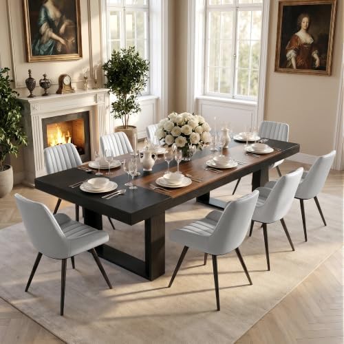 Miereirl 9-Piece Modern Farmhouse Dining Table Set, 86.6" x 47.2" Sturdy Stable Dining Table with 8 Chairs, Rectangular Kitchen Table Set for 8,(Black & Walnut Table+8 Grey Chairs)