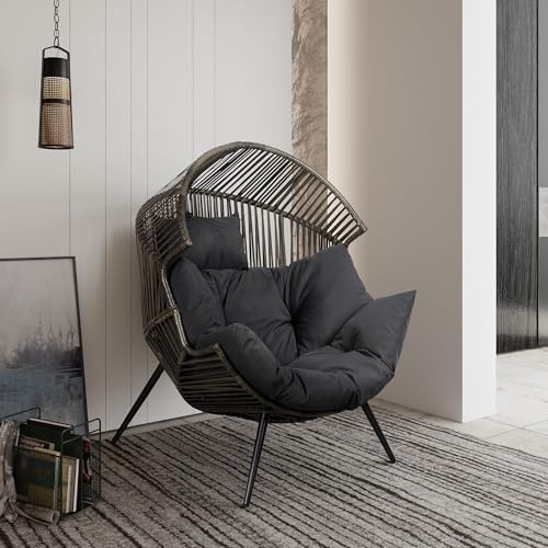 Shintenchi Wicker Egg Chair Outdoor Rattan Patio Chair with Cushion, Oversized Patio Lounge Chairs Egg Basket Chair, Egg Seat for Indoor Living Room Bedroom Outside, Deep Grey