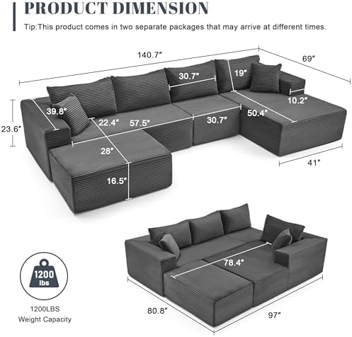 Mangodan 140” Cloud Sectional Couch, Boneless Sofa for Living Room, Modular Sectional Sofa with Deep Seat, Comfy Fluffy U-Shaped Couch with Right-Facing Chaise, No Assembly Required, Grey