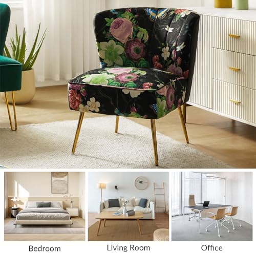 HULALA HOME Accent Chair with Golden Metal Legs, Comfy Tufted Wingback Living Room Chair Floral Fabric Small Armless Side Chair for Bedroom, Reading Room Flower Print