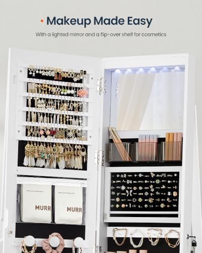 SONGMICS HOME LED Standing Jewelry Armoire, Vanity Mirror with Storage | Full Length Mirror with Lights, Lockable Large Jewelry Box, Space-Saving Jewelry Organizer, Gift Idea, White UJJC008W01SH