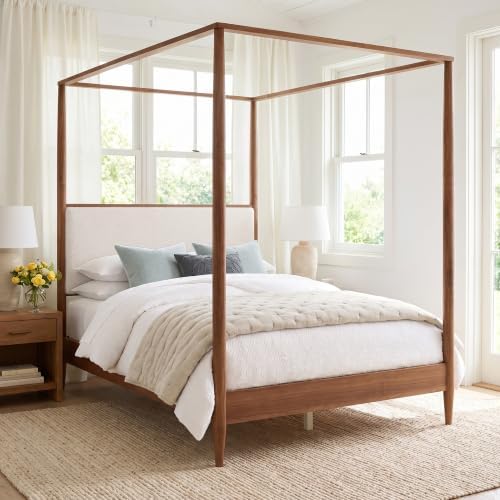 Merax Queen 4-Poster Wood Canopy Bed with Boucle Headboard, Walnut