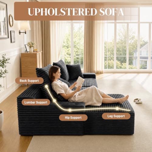 95" L Shaped Cloud Couch Modular Sectional Sofa, Comfy Fluffy Corduroy Black Boneless Sectional Couches for Living Room, Modern Cloud Sofas with Cup Holders & Left Facing Chaise, Black
