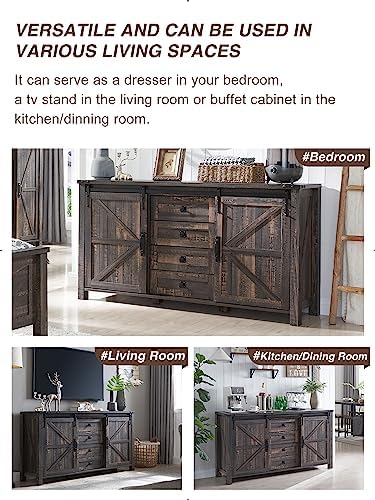 T4TREAM 60" Wide Farmhouse Sideboard Buffet Cabinet, Dark Rustic Oak