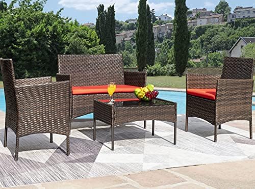 Greesum Patio Furniture 4 Pieces Conversation Sets,Brown and Red