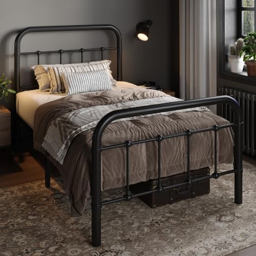 Allewie Twin Metal Bed Frame with Victorian Iron-Art Headboard, Black