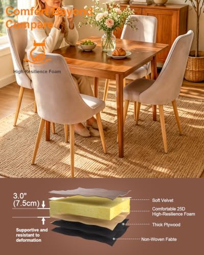 High Back Dining Chairs Set of 2, Mid-Century Modern Living Room Chairs, Velvet Comfortable Seats with Sturdy Legs Upholstered Farmhouse Kitchen Chairs for Bedroom Office Easy Assemble-Grey