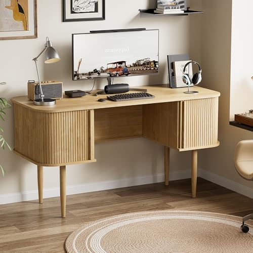 Furniway 55" Modern Writing Desk, Wood Home Office Desk, Natural