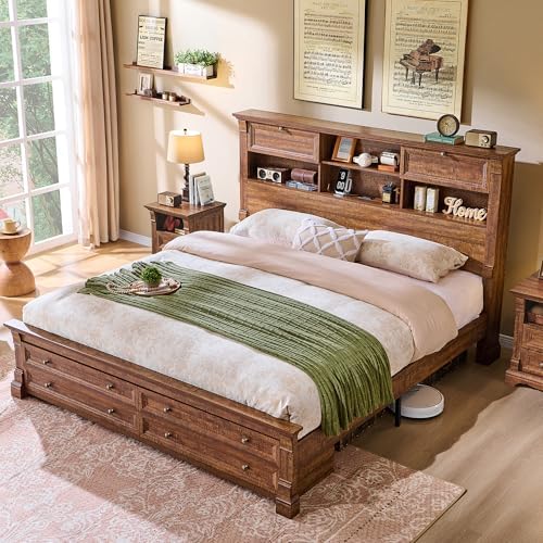 Farmhouse Queen Size Bed Frame with 54" Tall Headboard, 2 Footboard Drawers