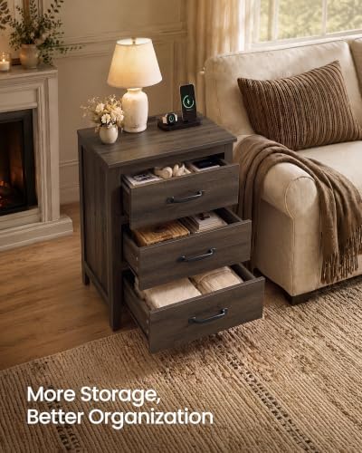 VASAGLE Farmhouse Nightstand with Charging Station, 3 Drawers