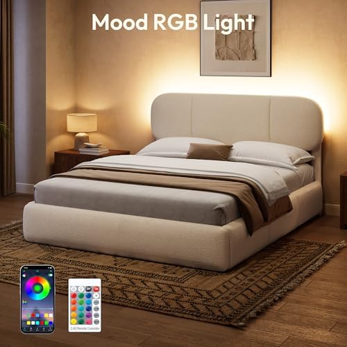 Queen Size Cloud Bed Frame with LED & 4 Drawers, Beige