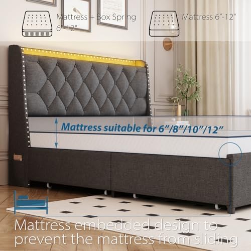 TIGUBFRE Queen Size Bed Frame with 4 Drawers and Storage Headboard, Upholstered Wingback Bed Frame with LED Lights and Charging Station, No Box Spring Needed, Easy Assembly, Noise Free, Gray