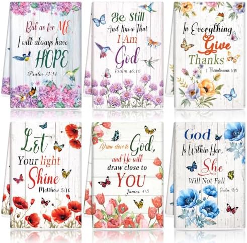 Redbaker 6 Pcs Christian Kitchen Towels, Floral Religious Dish Towel, Bible Absorbent Farmhouse Decorative Fast Drying Tea Dishcloth with Hanging Loop for Kitchen Bathroom Home Housewarming Gift