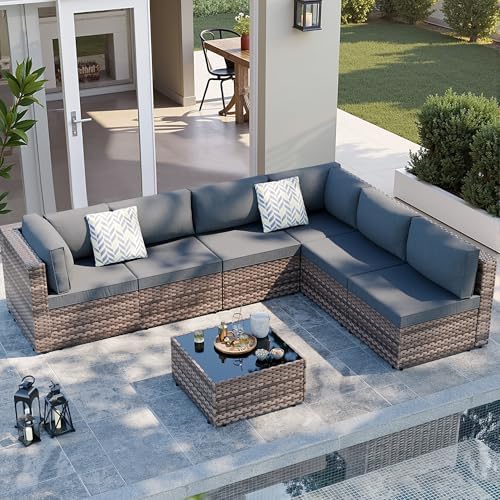 SUNLEI 7 Piece Patio Furniture Sets, Low Back All-Weather Rattan Sectional Sofa with Tea Table&Washable Couch Cushions, Patio Furniture Sets, Brown Rattan