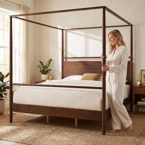 King Size Wood Canopy Bed Frame, Walnut Vintage Four-Posters Frames