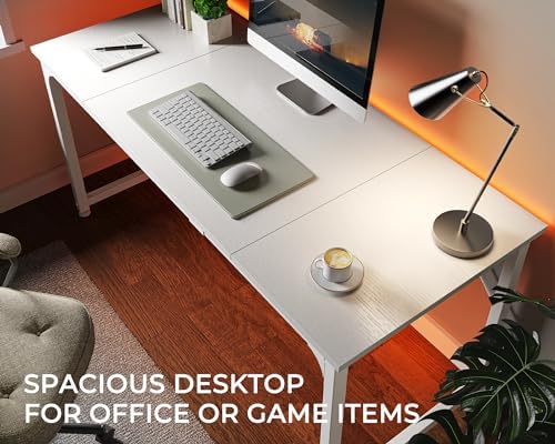 Huuger Computer Desk, 63 Inch Office Desk, Gaming Desk with Storage, Writing Desk Work Desk for Home Office, Study, Modern Simple Desk, Large Legroom, Metal Frame, White
