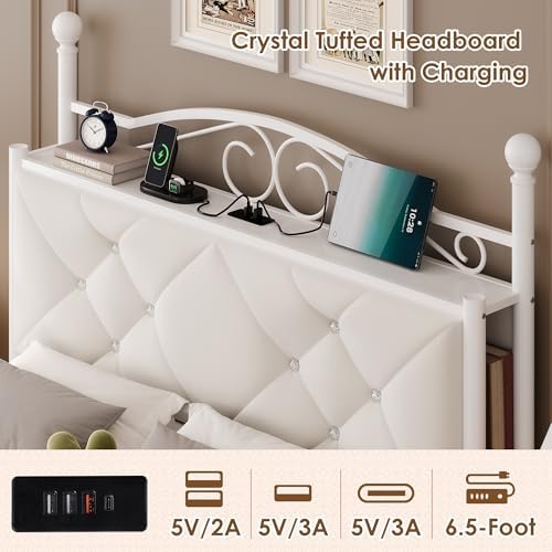 Queen Upholstered Canopy Bed Frame with 2 Drawers & Crystal Tufted Storage Headboard Metal Platform Bed with Charging Station & 4 Removable Posts No Box Spring Needed Curtain Not Included, Beige