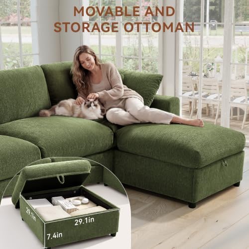 Ihanherry Oversized Cloud Sectional Couches for Living Room, Modular Sectional Sofa with Wide Deep Seat, Coner Couch with Throw Pillow and Storage Ottoman, Green