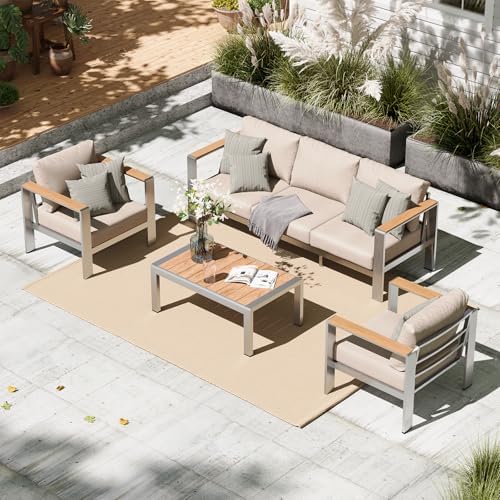 Aluminum Outdoor Patio Furniture Set with Coffee Table, 4 Piece Patio Conversation Sets with Washable Thick Cushions, Outdoor Sectional Furniture Set for Porch, Balcony, Deck, Silver