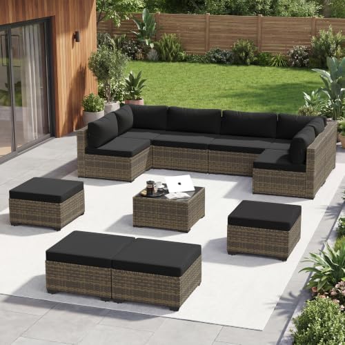 Aoxun Patio Furniture Sets, 11-Piece Outdoor Furniture with Ottoman, Wicker Conversation Set Sectional Sofa for Backyard, Poolside, Garden