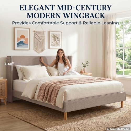 King Corduroy Upholstered Platform Bed with Headboard Wingback, Mink
