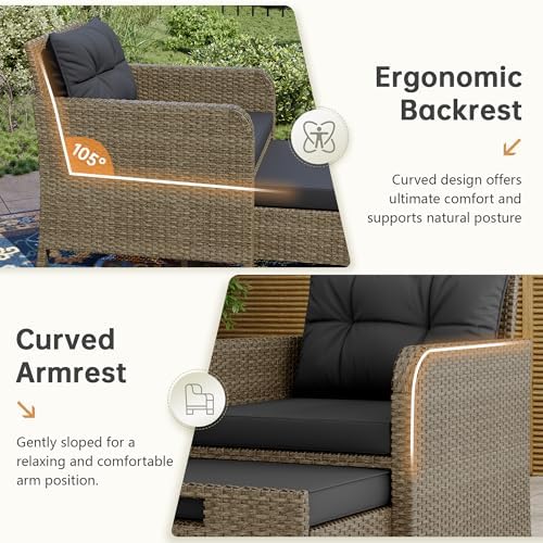 LHBcraft 5 Piece Patio Furniture Set, PE Wicker Outdoor Furniture Set with Soft Cushions & Coffee Table, Outdoor Lounge Chairs with Ottoman for Porch, Lawn, Balcony, Beige-Black