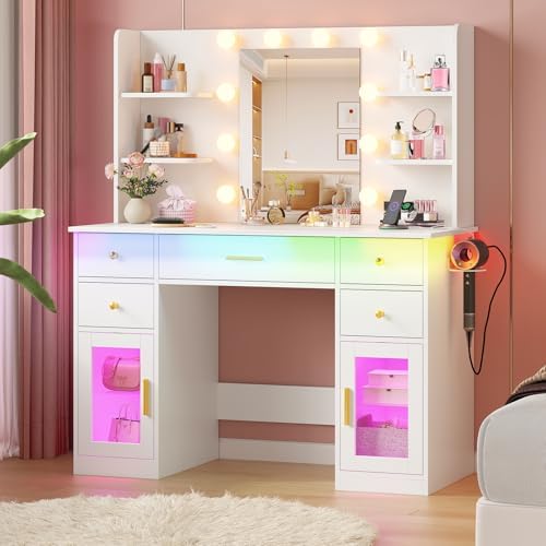 White Vanity Desk with Mirror and Lights & Charging Station, RGB Cabinets | Makeup Vanity with 5 Drawers & 4 Open Storage Shelves, Large Dressing Table with Hairdryer Holder for Women