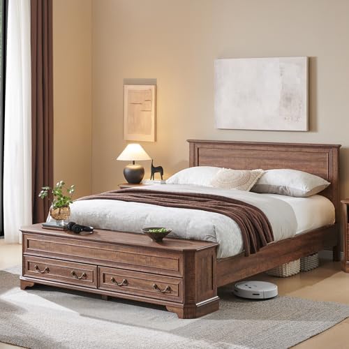 T4TREAM Farmhouse Queen Bed with Headboard and Storage Bench, Dark Brown