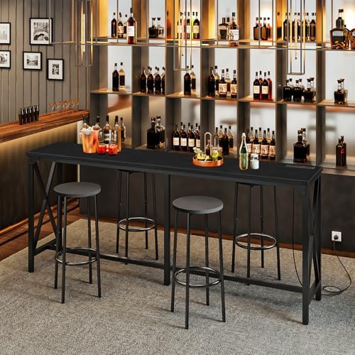 CHOEZON 70.9'' Bar Table, Kitchen Dining Table with Power Outlet and Footrest, Industrial Style, for Pub, Living Room, Black TBT08UBB