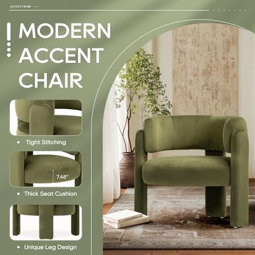 COLAMY Modern Velvet Accent Chair, Upholstered Barrel Chair, Comfy Side Arm Chair with 3 Legs for Living Room, Bedroom, Reading, Green