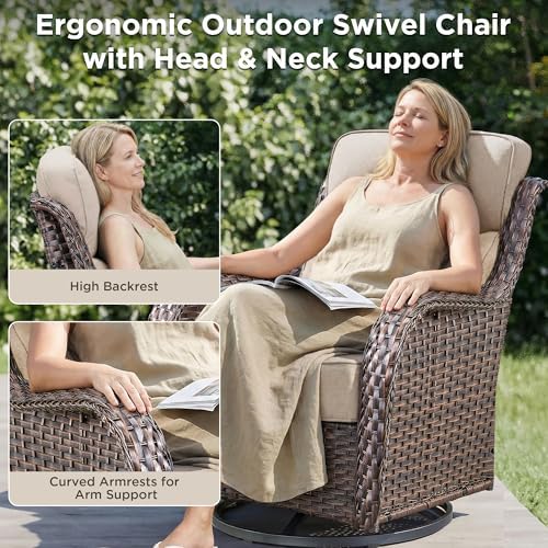 Luxury 5 Pieces Patio Furniture Set-Outdoor Swivel Rocker Patio Chairs with 6" Thick Cushions, Swivel Rocker Chairs with Ottomans & Side Table, Outdoor Conversation Sets for Porch Deck(Brown/Beige)