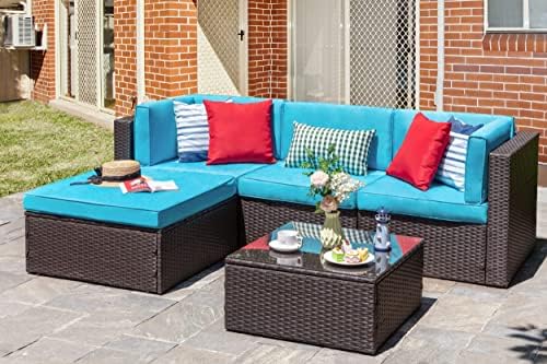 Vongrasig 5 Piece Patio Furniture Sets, Outdoor Couch Sectional Patio, Blue