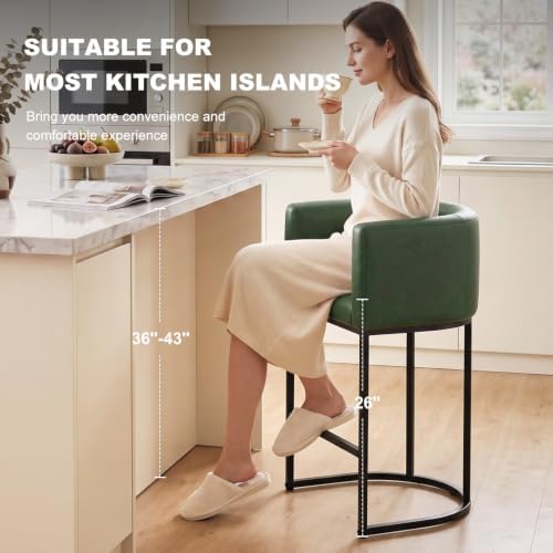 26" H Counter Height Bar Stools Set of 4, Modern Barrel Counter Stools with Backrest and Arms, Faux Leather Upholstered Accent Barstools for Kitchen Island,Support 450 LBS (Green)