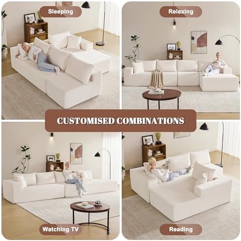 Mangodan 140” Cloud Sectional Couch, Boneless Sofa for Living Room, Modular Sectional Sofa with Deep Seat, Comfy Fluffy L-Shaped Couch with Right Facing Chaise, No Assembly Required, Beige