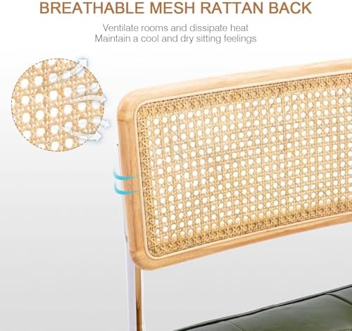 Zesthouse Natural Rattan Dining Chairs Set of 2, Mid Century Modern Dining Room Chairs with Chrome Leg, Faux Leather Kitchen Chair with Solid Wood Back & Cane Mesh, Breuer Cesca Design Inspired, Green