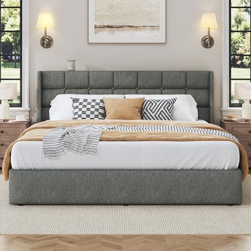 HISOFT King Size Lift Up Storage Bed Frame, Linen Upholstered Platform Bed with Wingback Headboard, Heavy Duty Hydraulic Gas Lift Underbed Space, Reinforced Full Metal Slats, Noise Free, Grey