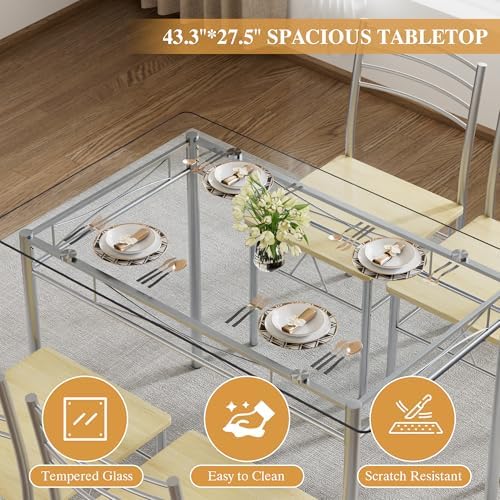 VECELO Dining Table Set for 4, 5-Piece Glass Kitchen Table with Chairs for Small Space, Breakfast Nook, Space-Saving, Silver