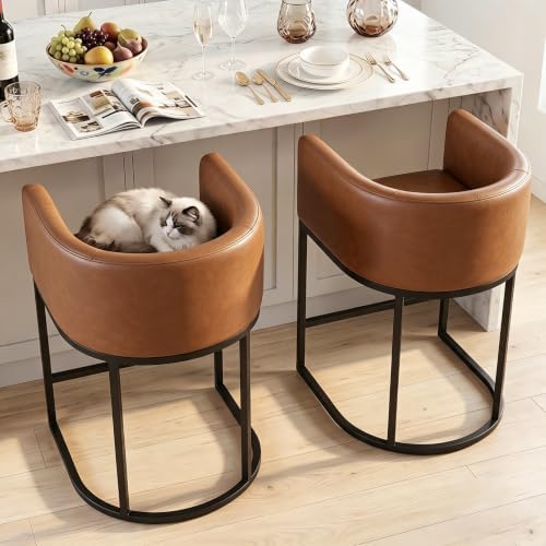 26" H Counter Height Bar Stools Set of 2, Modern Barrel Counter Stools with Backrest and Arms, Faux Leather Upholstered Accent Barstools for Kitchen Island,Support 450 LBS (Walnut Brown)