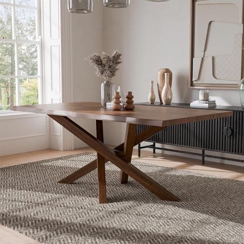 Furniture of America Nazaen II 71" Mid-Century Modern Solid Wood Live Edge Dining Table with Steel Support, Walnut Finish, Seats 6–8