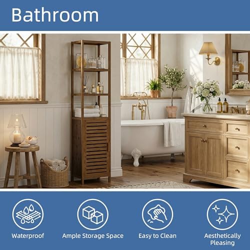HITNET Bathroom Cabinet, Bamboo Floor Cabinet Freestanding Narrow Storage Unit with Removable Shelves, 6 Tier Tall Cabinet, Walnut